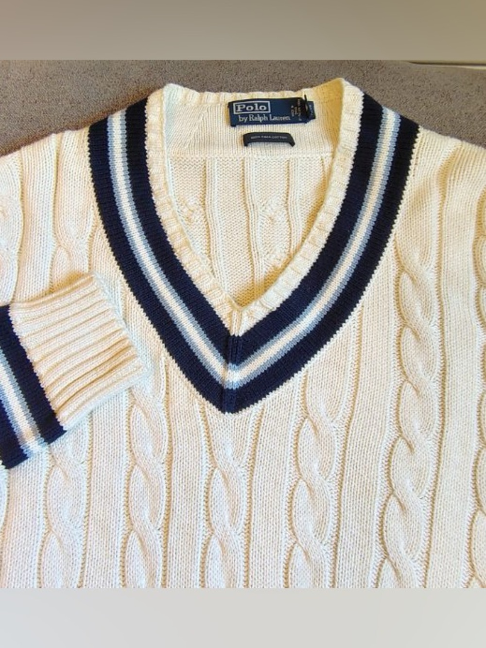 Vtg Polo By Ralph Lauren Cable Knit Cricket Sweater Men XL Ivory Pima Cotton